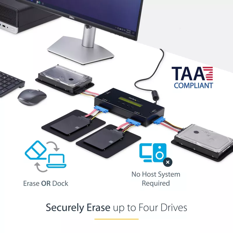 StarTech.com 4 lizdų SSD/HDD diskų trynimo įrenginys - 2,5 colio ir 3,5 colio SATA - atskiras, be kompiuterio veikiantis išorinis diskų sanitizeris - 9 trynimo režimai - RS232 spausdintuvo prievadas - NIST/DOD ir TAA atitiktis