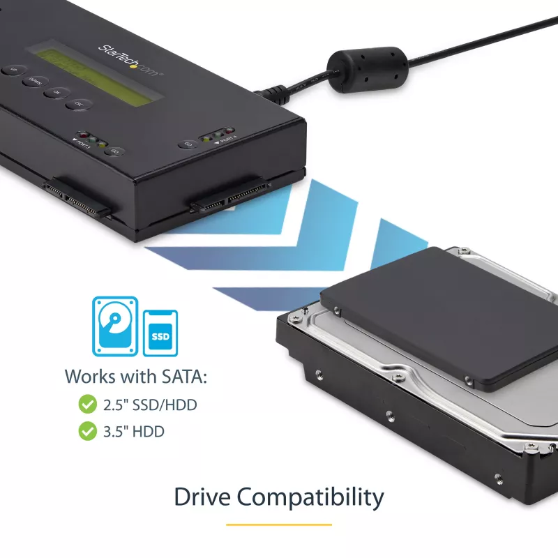 StarTech.com 4 lizdų SSD/HDD diskų trynimo įrenginys - 2,5 colio ir 3,5 colio SATA - atskiras, be kompiuterio veikiantis išorinis diskų sanitizeris - 9 trynimo režimai - RS232 spausdintuvo prievadas - NIST/DOD ir TAA atitiktis