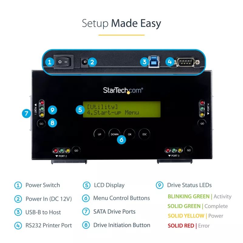 StarTech.com 4 lizdų SSD/HDD diskų trynimo įrenginys - 2,5 colio ir 3,5 colio SATA - atskiras, be kompiuterio veikiantis išorinis diskų sanitizeris - 9 trynimo režimai - RS232 spausdintuvo prievadas - NIST/DOD ir TAA atitiktis