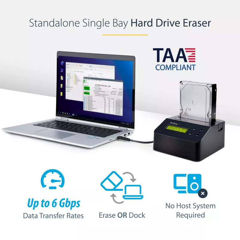 StarTech.com Vieno lizdo kietojo disko trynimo įrenginys, atskiras HDD/SSD sanitizer, 4Kn, USB 3.0 į SATA III (6 Gbps), 9 trynimo režimai, LCD ekranas, saugus kietojo disko trynimo dokas, DB-9 spausdintuvo prievadas, TAA atitiktis