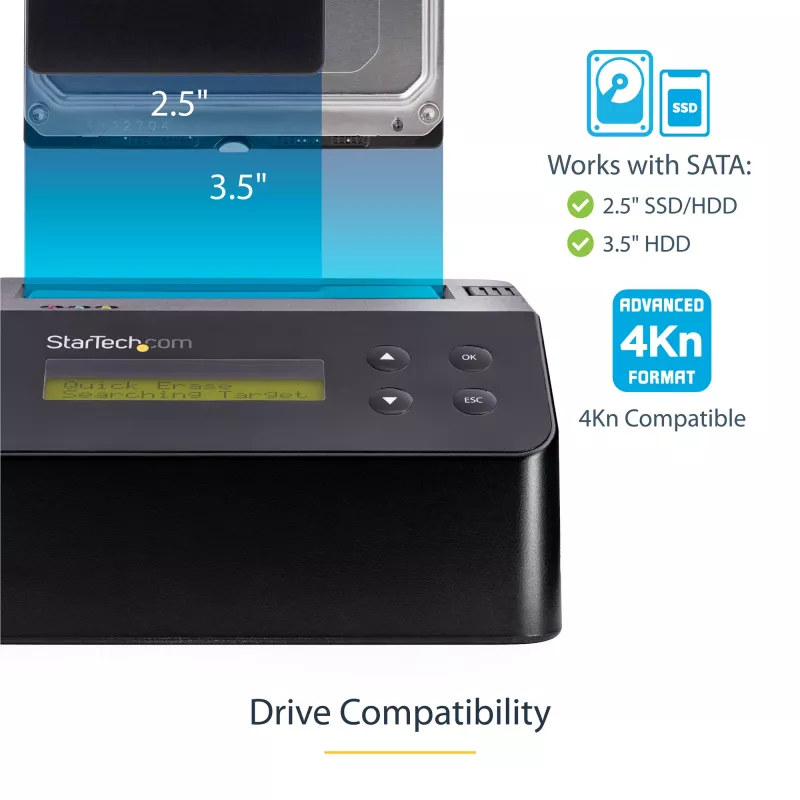 StarTech.com Vieno lizdo kietojo disko trynimo įrenginys, atskiras HDD/SSD sanitizer, 4Kn, USB 3.0 į SATA III (6 Gbps), 9 trynimo režimai, LCD ekranas, saugus kietojo disko trynimo dokas, DB-9 spausdintuvo prievadas, TAA atitiktis