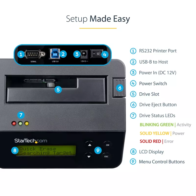 StarTech.com Vieno lizdo kietojo disko trynimo įrenginys, atskiras HDD/SSD sanitizer, 4Kn, USB 3.0 į SATA III (6 Gbps), 9 trynimo režimai, LCD ekranas, saugus kietojo disko trynimo dokas, DB-9 spausdintuvo prievadas, TAA atitiktis