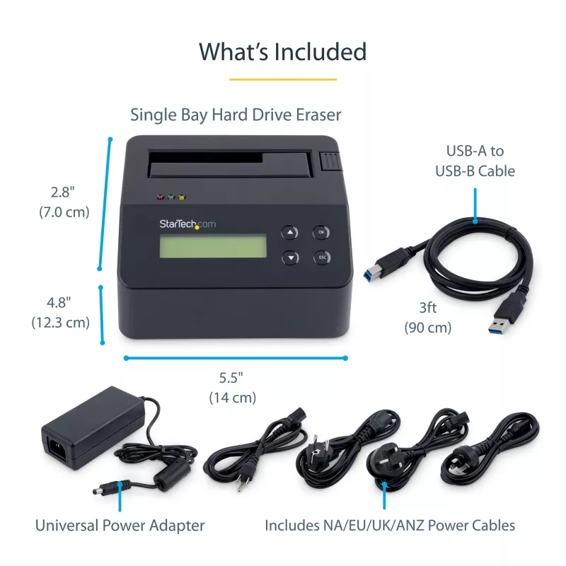 StarTech.com Vieno lizdo kietojo disko trynimo įrenginys, atskiras HDD/SSD sanitizer, 4Kn, USB 3.0 į SATA III (6 Gbps), 9 trynimo režimai, LCD ekranas, saugus kietojo disko trynimo dokas, DB-9 spausdintuvo prievadas, TAA atitiktis