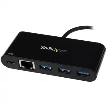 StarTech.com 3 prievadų USB-C šakotuvas su Gigabit Ethernet ir 60 W Power Delivery praėjimu nešiojamojo kompiuterio įkrovimui – USB-C į 3x USB-A (USB 3.0 SuperSpeed 5 Gbps) – USB 3.2 Gen 1 Type-C adapterio šakotuvas