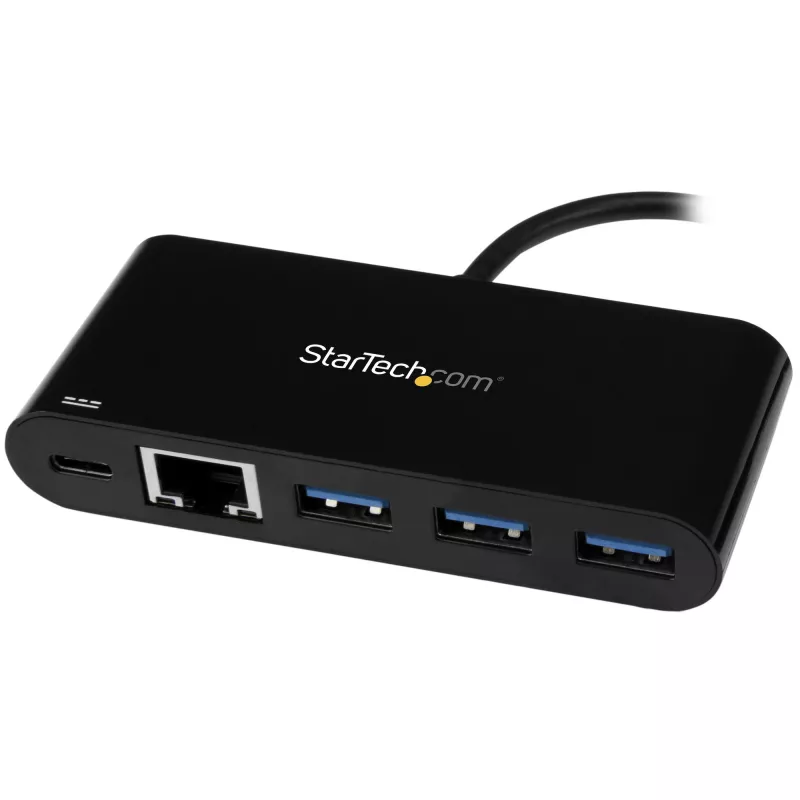 StarTech.com 3 prievadų USB-C šakotuvas su Gigabit Ethernet ir 60 W Power Delivery praėjimu nešiojamojo kompiuterio įkrovimui – USB-C į 3x USB-A (USB 3.0 SuperSpeed 5 Gbps) – USB 3.2 Gen 1 Type-C adapterio šakotuvas