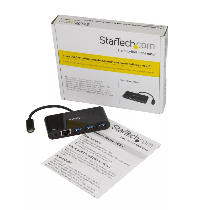 StarTech.com 3 prievadų USB-C šakotuvas su Gigabit Ethernet ir 60 W Power Delivery praėjimu nešiojamojo kompiuterio įkrovimui – USB-C į 3x USB-A (USB 3.0 SuperSpeed 5 Gbps) – USB 3.2 Gen 1 Type-C adapterio šakotuvas