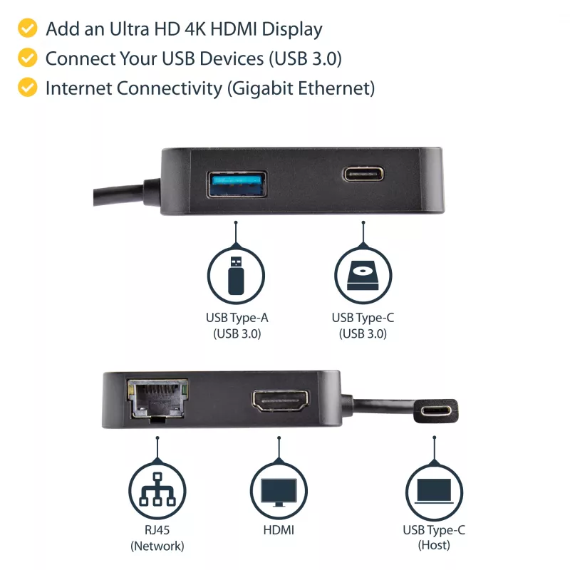 StarTech.com USB-C kelių prievadų adapteris – nešiojamas USB-C mini dokas 4K HDMI vaizdui, Gigabit Ethernet, USB 3.0 šakotuvas (1x USB-A, 1x USB-C) – USB Type-C kelių prievadų adapteris, suderinamas su Thunderbolt 3