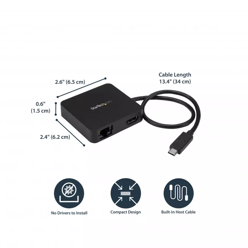StarTech.com USB-C kelių prievadų adapteris – nešiojamas USB-C mini dokas 4K HDMI vaizdui, Gigabit Ethernet, USB 3.0 šakotuvas (1x USB-A, 1x USB-C) – USB Type-C kelių prievadų adapteris, suderinamas su Thunderbolt 3