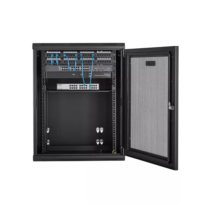 StarTech.com 4-Post 15U sieninis tinklo spintos kabinetas su 1U lentyna, 19 colių vyriais tvirtinamas serverio stovas duomenų / AV / elektronikos / kompiuterių įrangai, lankstus ventiliuojamas korpusas