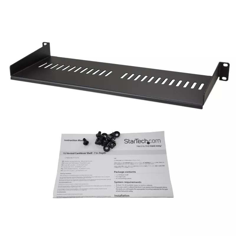 StarTech.com CABSHELF1U7V Vėdinama 1U serverio stelažo lentyna – universali konsolinė padėkla 19 colių tinklo įrangos stovui, plieninė, 20 kg talpa, 17,5 cm gylio, juoda