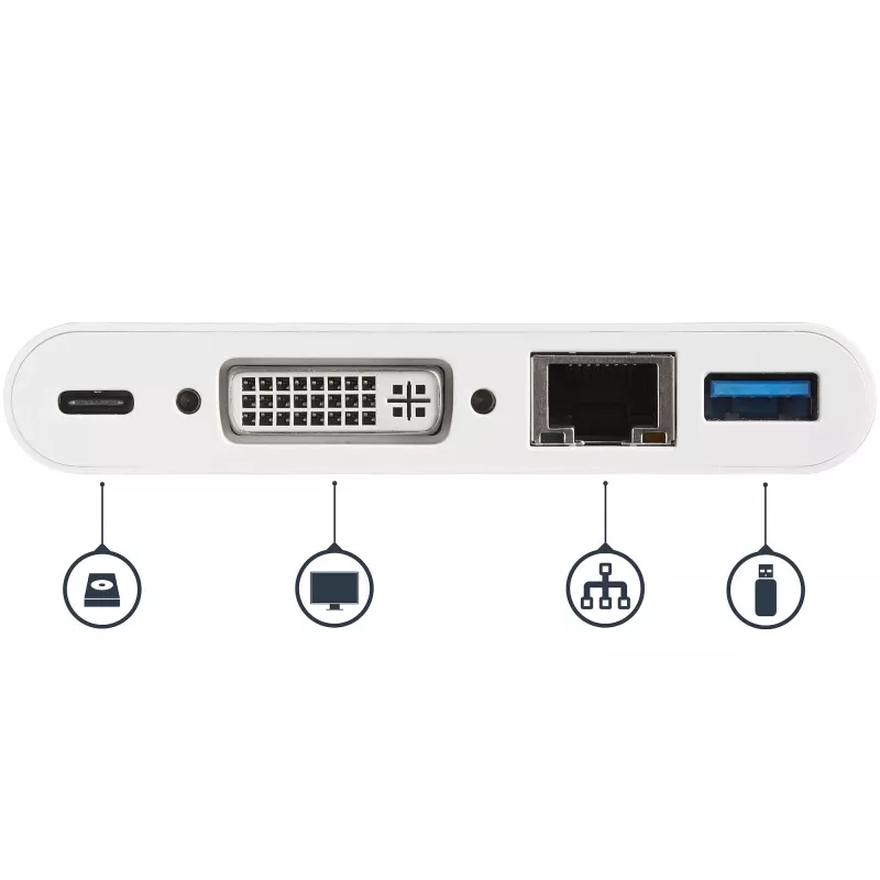 StarTech.com USB-C kelių prievadų adapteris – USB-C į DVI-D (skaitmeninį) vaizdo adapteris su 60 W Power Delivery įkrovimo perdavimu, GbE, USB-A – nešiojamas USB Type-C / Thunderbolt 3 mini nešiojamojo kompiuterio dokas