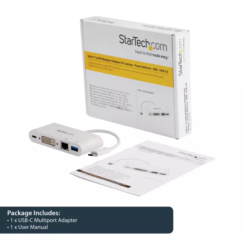 StarTech.com USB-C kelių prievadų adapteris – USB-C į DVI-D (skaitmeninį) vaizdo adapteris su 60 W Power Delivery įkrovimo perdavimu, GbE, USB-A – nešiojamas USB Type-C / Thunderbolt 3 mini nešiojamojo kompiuterio dokas
