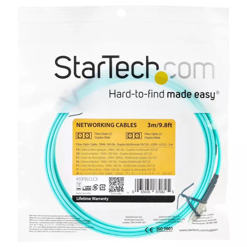 StarTech.com 3 m (10 pėdų) LC/UPC į LC/UPC OM4 daugiamodis šviesolaidinis kabelis, 50/125 µm LOMMF/VCSEL zipcord, 100G, maži įterpimo nuostoliai - LSZH šviesolaidinis trumpiklis