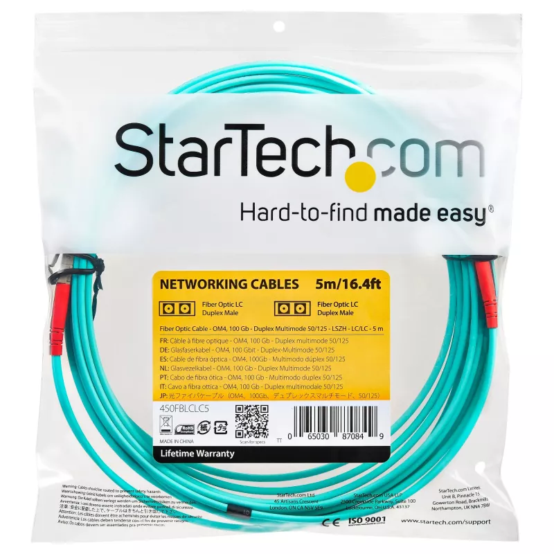 StarTech.com 5 m (16,4 pėdos) LC/UPC – LC/UPC OM4 daugiamodis šviesolaidinis kabelis, 50/125 µm LOMMF/VCSEL zipcord, 100G, maži įterpimo nuostoliai – LSZH šviesolaidinis trumpiklis