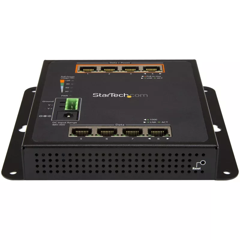 StarTech.com Pramoninis 8 prievadų Gigabit PoE jungiklis - 4 x PoE+ 30W - Maitinimas per Ethernet - Grūdintas GbE L2 valdomas jungiklis - Atsparus didelės galios tinklo jungiklis IP-30/-40°C iki +75°C - TAA