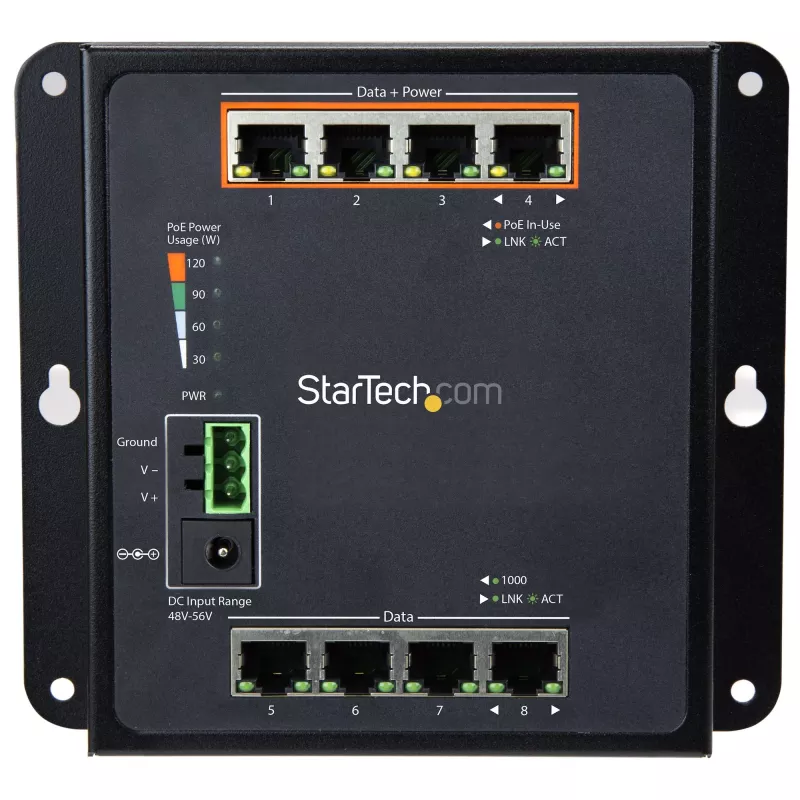 StarTech.com Pramoninis 8 prievadų Gigabit PoE jungiklis - 4 x PoE+ 30W - Maitinimas per Ethernet - Grūdintas GbE L2 valdomas jungiklis - Atsparus didelės galios tinklo jungiklis IP-30/-40°C iki +75°C - TAA