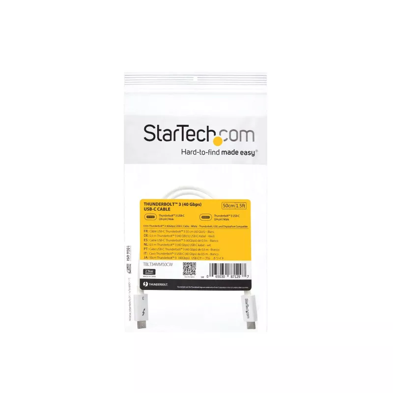 StarTech.com Thunderbolt 3 kabelis – 40Gbps – 0,5 m – baltas – suderinamas su Thunderbolt, USB ir DisplayPort