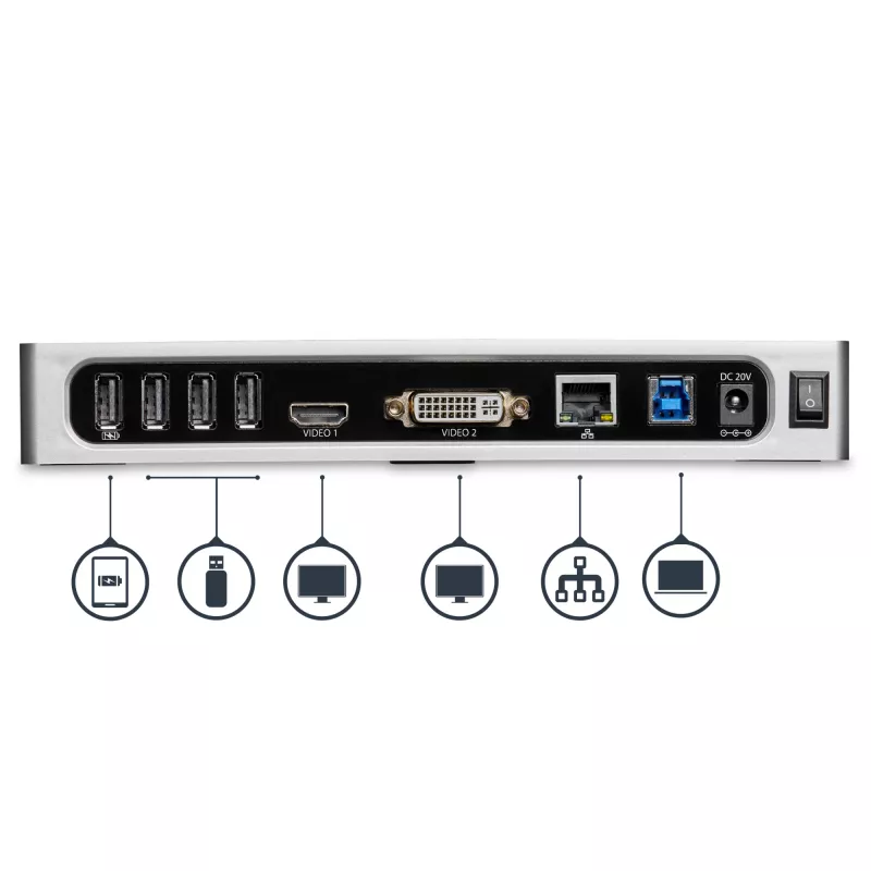 StarTech.com USB 3.0 Dock su dviem monitoriais – HDMI ir DVI/VGA, 6 prievadų USB 3.1 Gen 1 5Gbps šakotuvas, GbE, garsas – universalus Type-A dokas, Windows ir Mac