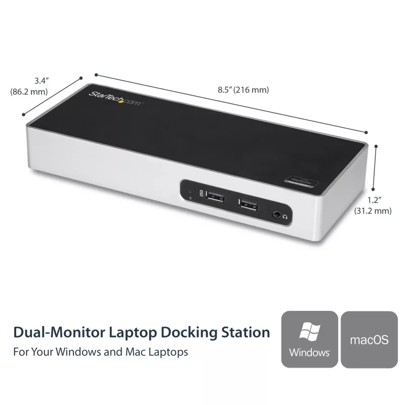 StarTech.com USB 3.0 Dock su dviem monitoriais – HDMI ir DVI/VGA, 6 prievadų USB 3.1 Gen 1 5Gbps šakotuvas, GbE, garsas – universalus Type-A dokas, Windows ir Mac
