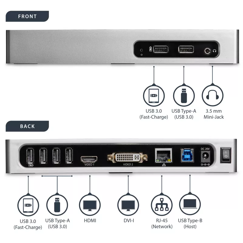 StarTech.com USB 3.0 Dock su dviem monitoriais – HDMI ir DVI/VGA, 6 prievadų USB 3.1 Gen 1 5Gbps šakotuvas, GbE, garsas – universalus Type-A dokas, Windows ir Mac