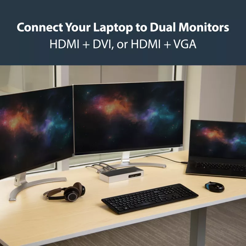 StarTech.com USB 3.0 Dock su dviem monitoriais – HDMI ir DVI/VGA, 6 prievadų USB 3.1 Gen 1 5Gbps šakotuvas, GbE, garsas – universalus Type-A dokas, Windows ir Mac