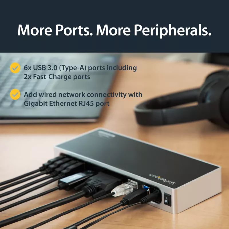 StarTech.com USB 3.0 Dock su dviem monitoriais – HDMI ir DVI/VGA, 6 prievadų USB 3.1 Gen 1 5Gbps šakotuvas, GbE, garsas – universalus Type-A dokas, Windows ir Mac