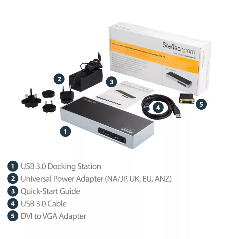 StarTech.com USB 3.0 Dock su dviem monitoriais – HDMI ir DVI/VGA, 6 prievadų USB 3.1 Gen 1 5Gbps šakotuvas, GbE, garsas – universalus Type-A dokas, Windows ir Mac