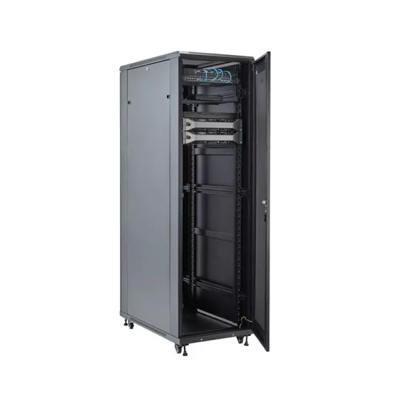 StarTech.com 4-Post 42U serverio stovas, 19 colių duomenų stovas kompiuteriams / AV / IT įrangai montuoti, serverio korpusas su ratukais, pilno dydžio pramoninis tinklo saugojimas