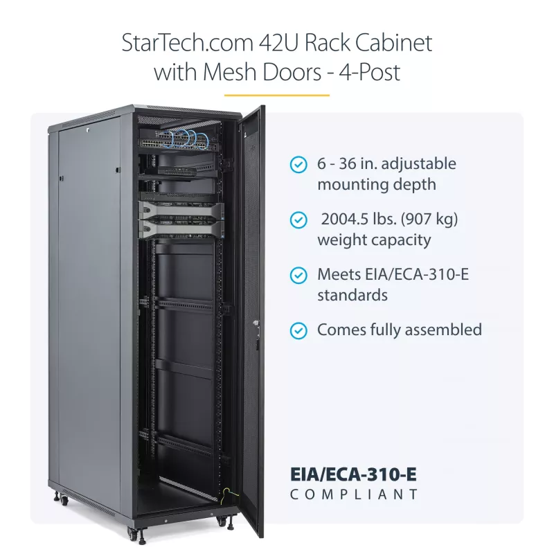 StarTech.com 4-Post 42U serverio stovas, 19 colių duomenų stovas kompiuteriams / AV / IT įrangai montuoti, serverio korpusas su ratukais, pilno dydžio pramoninis tinklo saugojimas
