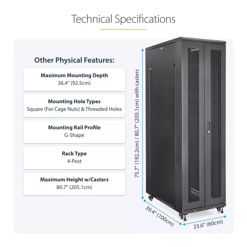 StarTech.com 4-Post 42U serverio stovas, 19 colių duomenų stovas kompiuteriams / AV / IT įrangai montuoti, serverio korpusas su ratukais, pilno dydžio pramoninis tinklo saugojimas