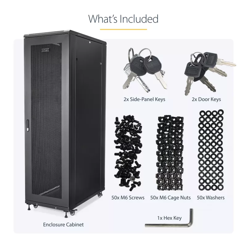 StarTech.com 4-Post 42U serverio stovas, 19 colių duomenų stovas kompiuteriams / AV / IT įrangai montuoti, serverio korpusas su ratukais, pilno dydžio pramoninis tinklo saugojimas