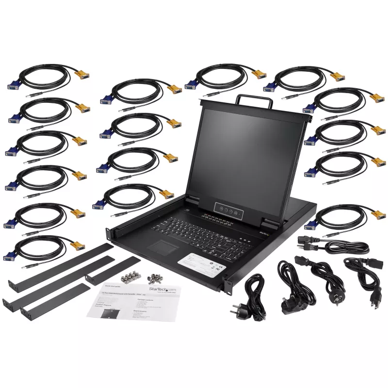 „StarTech.com“ 16 prievadų stelažinis KVM konsolė su 6 pėdų kabeliais – integruotas KVM jungiklis su 19 colių LCD monitoriumi – pilnai įrengtas 1U LCD KVM stalčius – OSD KVM – patvarus 50 000 MTBF – USB + VGA palaikymas