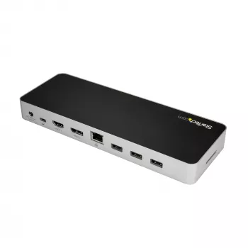 StarTech.com USB-C Dock – Dviejų monitorių HDMI ir DisplayPort 4K 30Hz – USB Type-C nešiojamojo kompiuterio dokas su 60W įkrovimu, SD, 4 prievadų USB-A 3.0 šakotuvu, GbE, garsu – suderinamas su Thunderbolt 3