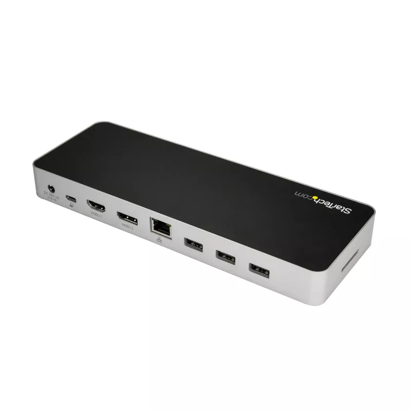 StarTech.com USB-C Dock – Dviejų monitorių HDMI ir DisplayPort 4K 30Hz – USB Type-C nešiojamojo kompiuterio dokas su 60W įkrovimu, SD, 4 prievadų USB-A 3.0 šakotuvu, GbE, garsu – suderinamas su Thunderbolt 3
