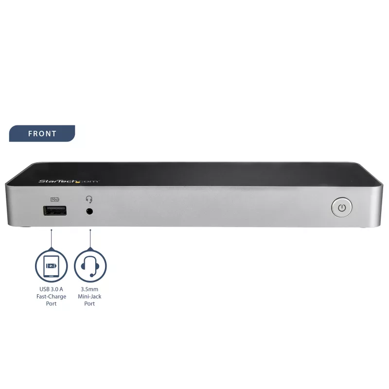 StarTech.com USB-C Dock – Dviejų monitorių HDMI ir DisplayPort 4K 30Hz – USB Type-C nešiojamojo kompiuterio dokas su 60W įkrovimu, SD, 4 prievadų USB-A 3.0 šakotuvu, GbE, garsu – suderinamas su Thunderbolt 3