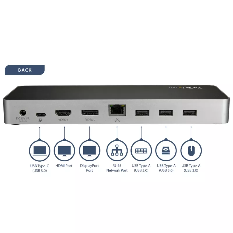 StarTech.com USB-C Dock – Dviejų monitorių HDMI ir DisplayPort 4K 30Hz – USB Type-C nešiojamojo kompiuterio dokas su 60W įkrovimu, SD, 4 prievadų USB-A 3.0 šakotuvu, GbE, garsu – suderinamas su Thunderbolt 3