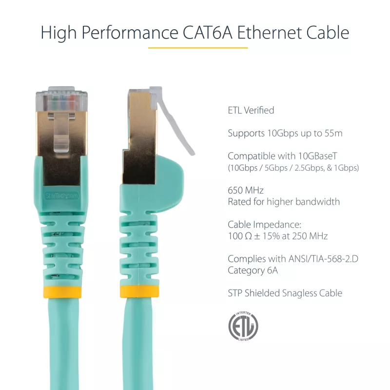 StarTech.com 2m CAT6a Ethernet kabelis - 10 Gigabit ekranuotas, be užkablių RJ45, 100W PoE jungiamasis laidas - 10GbE STP tinklo kabelis su įtempimo mažinimu - Aqua, individualiai testuotas, laidų sujungimas UL sertifikuotas/TIA