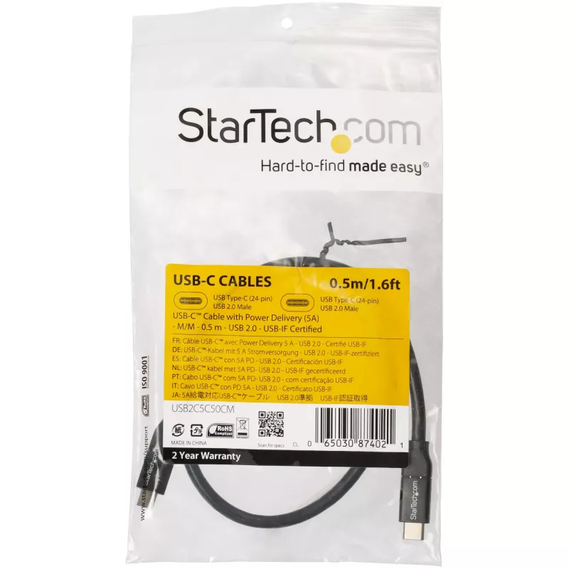 StarTech.com USB-C į USB-C laidas su 5A PD - vyriškas/vyriškas - 0,5 m - USB 2.0 - USB-IF sertifikuotas