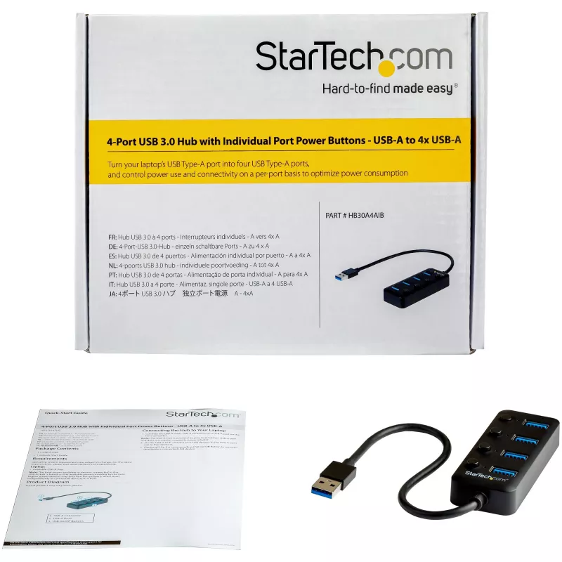 StarTech.com 4 prievadų USB 3.0 šakotuvas – USB-A į 4x USB 3.0 Type-A su atskirais įjungimo/išjungimo jungikliais – SuperSpeed 5Gbps USB 3.1/3.2 Gen 1 – maitinamas iš USB magistralės – nešiojamas – 25 cm integruotas kabelis