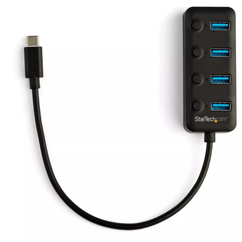 StarTech.com 4 prievadų USB-C šakotuvas - USB-C į 4x USB 3.0 Type-A prievadus su atskirais įjungimo/išjungimo jungikliais - SuperSpeed 5Gbps USB 3.2 Gen 1 - maitinamas iš USB - nešiojamas - 25 cm pritvirtintas kabelis