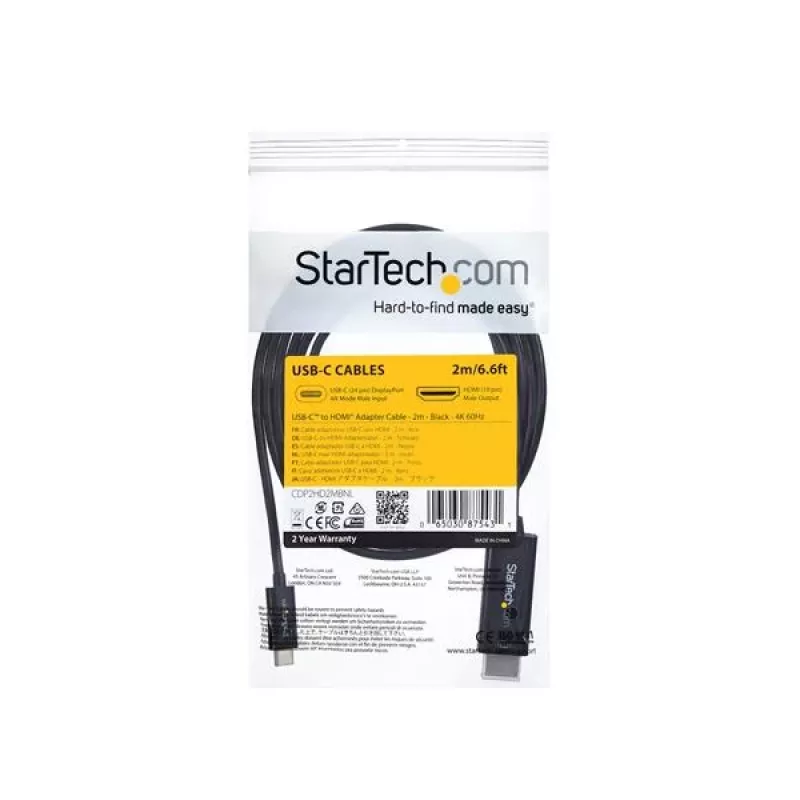 StarTech.com 2 m USB-C į HDMI laidas – 4K 60Hz USB Type-C į HDMI 2.0 vaizdo adapterio laidas – suderinamas su Thunderbolt 3 – nešiojamas kompiuteris prie HDMI monitoriaus / ekrano – DP 1.2 Alt Mode HBR2 – juodas