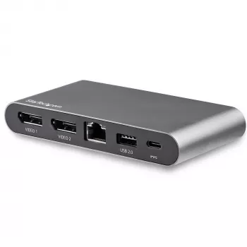 StarTech.com USB-C dokas - 4K dviejų monitorių DisplayPort - Mini nešiojamojo kompiuterio dokavimo stotelė - 100W Power Delivery perdavimas - GbE, 2 prievadų USB-A šakotuvas - USB Type-C kelių prievadų adapteris - 3,3 pėdų kabelis