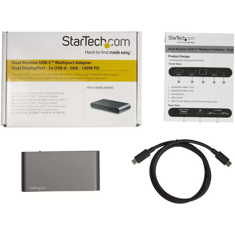 StarTech.com USB-C dokas - 4K dviejų monitorių DisplayPort - Mini nešiojamojo kompiuterio dokavimo stotelė - 100W Power Delivery perdavimas - GbE, 2 prievadų USB-A šakotuvas - USB Type-C kelių prievadų adapteris - 3,3 pėdų kabelis