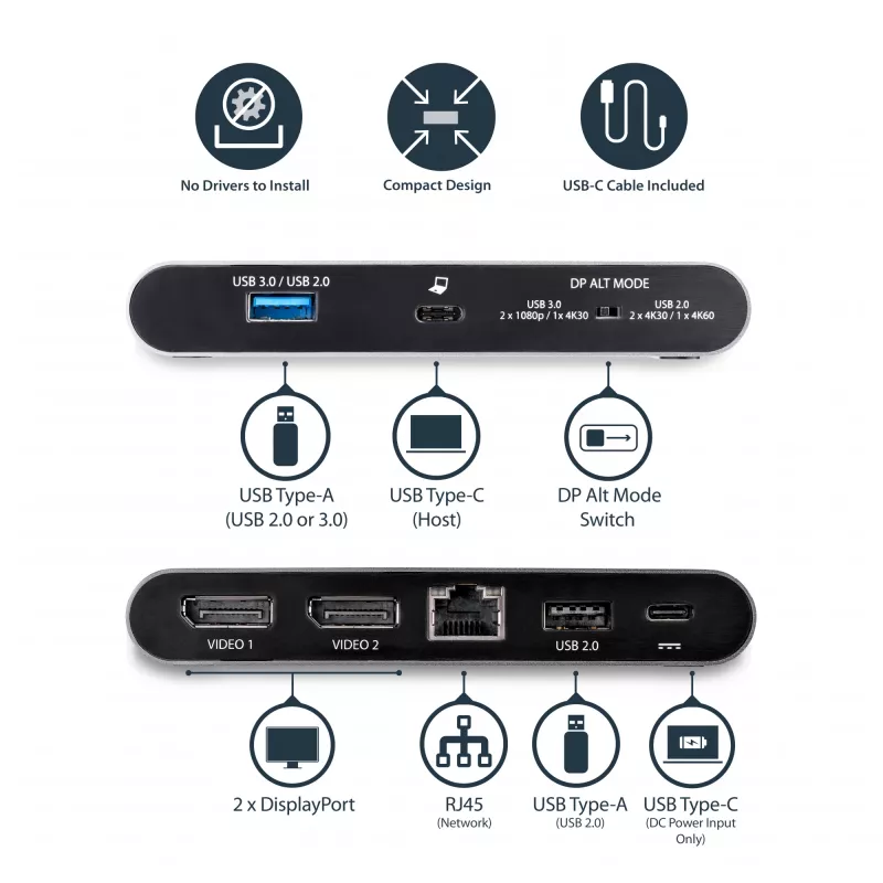 StarTech.com USB-C dokas - 4K dviejų monitorių DisplayPort - Mini nešiojamojo kompiuterio dokavimo stotelė - 100W Power Delivery perdavimas - GbE, 2 prievadų USB-A šakotuvas - USB Type-C kelių prievadų adapteris - 3,3 pėdų kabelis