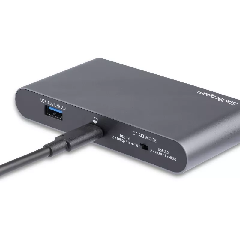 StarTech.com USB-C dokas - 4K dviejų monitorių DisplayPort - Mini nešiojamojo kompiuterio dokavimo stotelė - 100W Power Delivery perdavimas - GbE, 2 prievadų USB-A šakotuvas - USB Type-C kelių prievadų adapteris - 3,3 pėdų kabelis