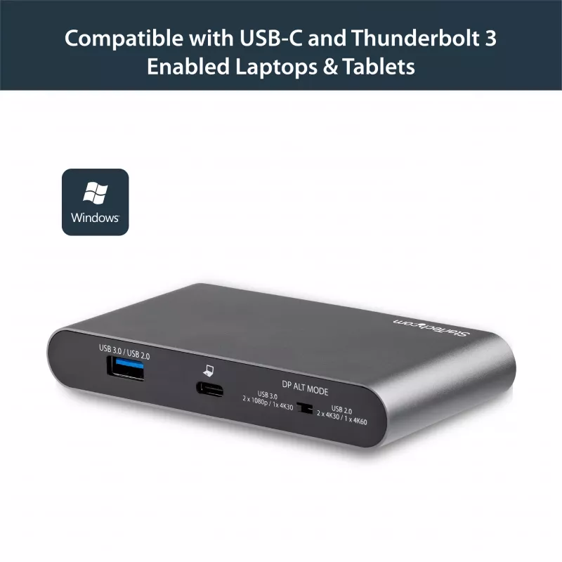 StarTech.com USB-C dokas - 4K dviejų monitorių DisplayPort - Mini nešiojamojo kompiuterio dokavimo stotelė - 100W Power Delivery perdavimas - GbE, 2 prievadų USB-A šakotuvas - USB Type-C kelių prievadų adapteris - 3,3 pėdų kabelis