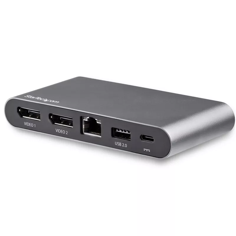StarTech.com USB-C dokas - 4K dviejų monitorių DisplayPort - Mini nešiojamojo kompiuterio dokavimo stotelė - 100W Power Delivery perdavimas - GbE, 2 prievadų USB-A šakotuvas - USB Type-C kelių prievadų adapteris - 3,3 pėdų kabelis