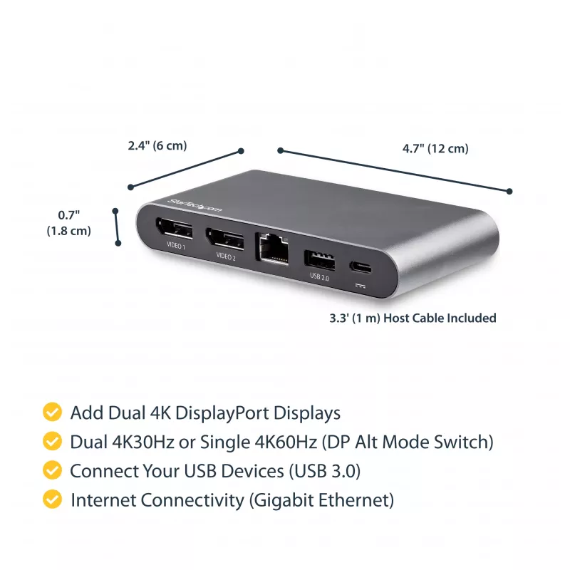 StarTech.com USB-C dokas - 4K dviejų monitorių DisplayPort - Mini nešiojamojo kompiuterio dokavimo stotelė - 100W Power Delivery perdavimas - GbE, 2 prievadų USB-A šakotuvas - USB Type-C kelių prievadų adapteris - 3,3 pėdų kabelis