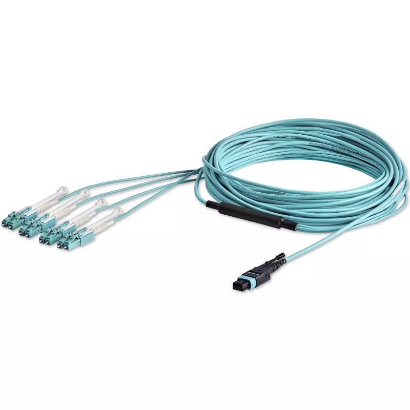 StarTech.com 10m MTP (moteriškas) / PC į 4x LC/PC duplekso šakotuvinis OM3 daugiamodis šviesolaidinis kabelis, OFNP plenum, 40G tinklai, maži įterpimo nuostoliai - šviesolaidinis trumpiklis