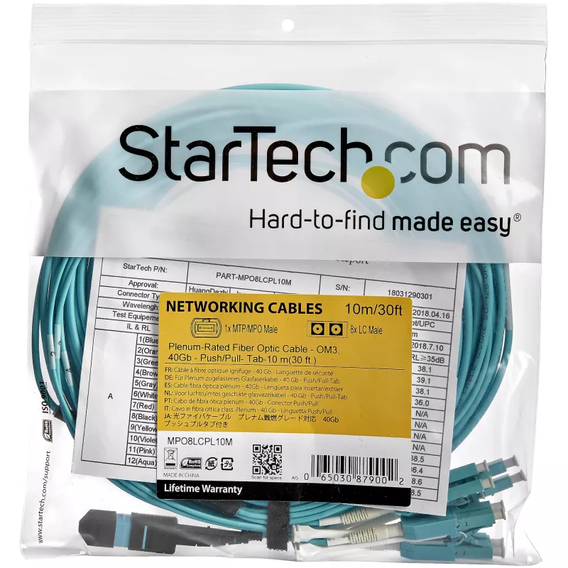 StarTech.com 10m MTP (moteriškas) / PC į 4x LC/PC duplekso šakotuvinis OM3 daugiamodis šviesolaidinis kabelis, OFNP plenum, 40G tinklai, maži įterpimo nuostoliai - šviesolaidinis trumpiklis